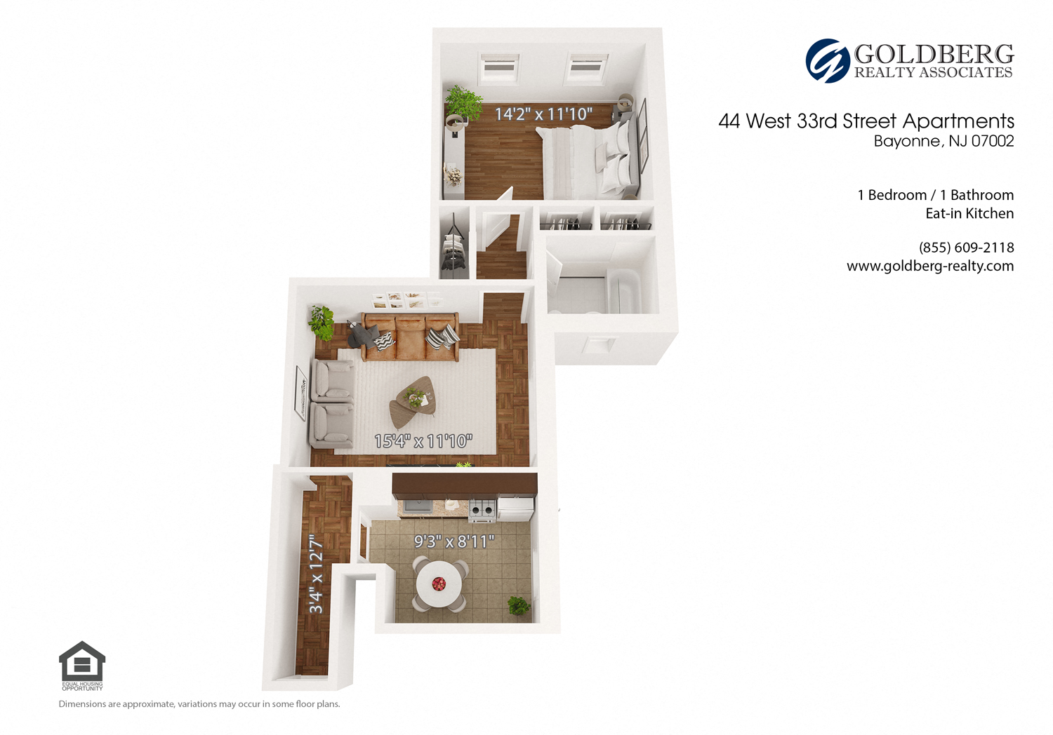 Floor plan for 1 bed, 1 bath